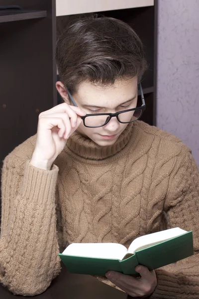 Young Man Glasses Reflects Open Book Hand Holding Glasses Bow — Stock Photo, Image