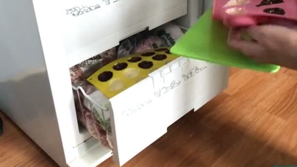 Woman Puts Freezer Silicone Mold Greased Melted White Dark Chocolate — Stock Video