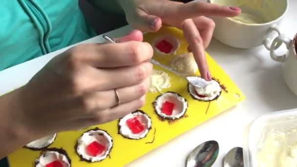 Woman Puts Curd Filling Silicone Mold Smeared Melted White Dark — Stock Video