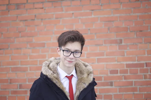 Bir Kürk Yakalı Ceket Genç Bir Adam Portresi Bir Tuğla — Stok fotoğraf