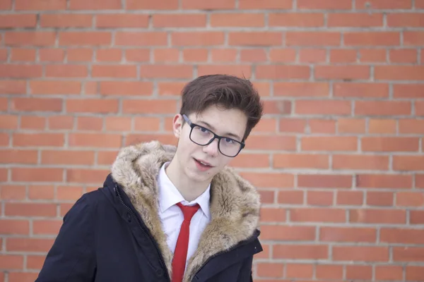 Bir Kürk Yakalı Ceket Genç Bir Adam Portresi Bir Tuğla — Stok fotoğraf
