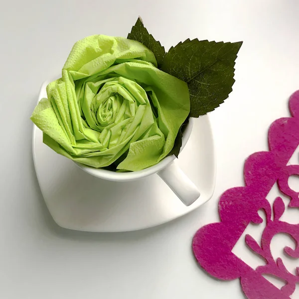 Decoraciones Florales Con Servilletas Flor Terminada Coloca Una Taza Decora — Foto de Stock