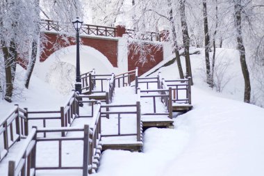 Eski tarzda yapılmış köprünün korkuluk. Her şeyi etrafında kalın frost ile kaplıdır.