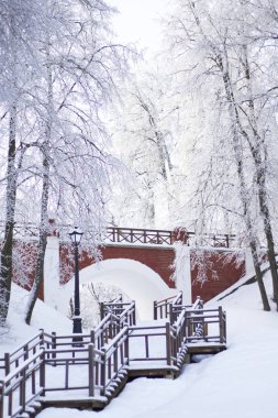 Eski tarzda yapılmış köprünün korkuluk. Her şeyi etrafında kalın frost ile kaplıdır.