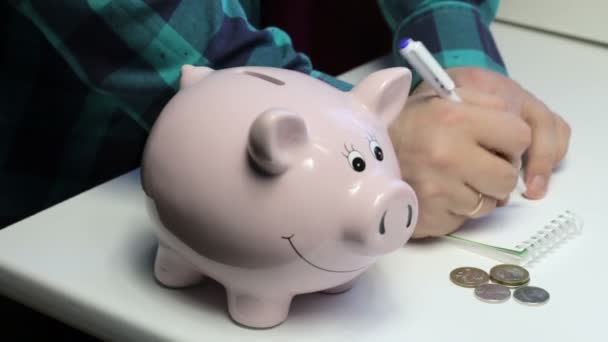 桌子上有一个粉红色猪形状的存钱罐 那个人在硬币手里 他把硬币依次放在一个存钱罐里 在笔记本中做笔记 — 图库视频影像