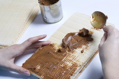 Waffle pasta pişirme. Bir kadın smear gofret kek katmanları ile haşlanmış yoğunlaştırılmış süt. Haşlanmış yoğunlaştırılmış süt açık bir kutu geçerli.