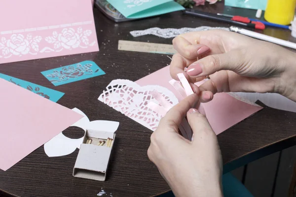 Making Greeting Cards Paper Cardboard Tape Female Artisan Working Tape — Stock Photo, Image