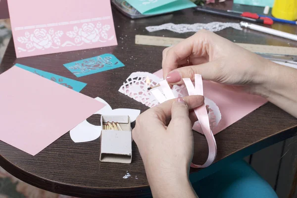 Making Greeting Cards Paper Cardboard Tape Female Artisan Working Tape — Stock Photo, Image