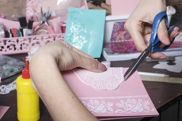 Making Greeting Cards Paper Cardboard Tape Woman Artisan Work — Stock Photo, Image