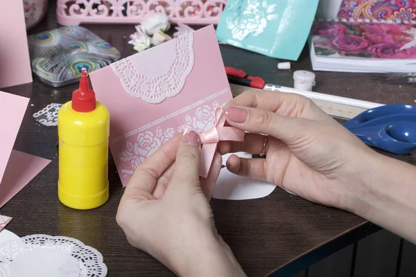Making Greeting Cards Paper Cardboard Tape Female Artisan Working Tape — Stock Photo, Image