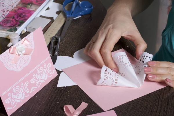 Making Greeting Cards Paper Cardboard Tape Woman Artisan Work — Stock Photo, Image