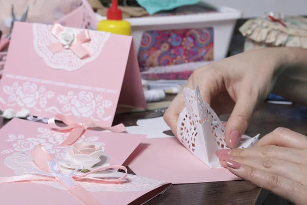 Making Greeting Cards Paper Cardboard Tape Woman Artisan Work — Stock Photo, Image