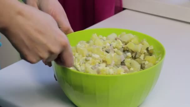 Woman Mixing Salad Container Cooking Meat Salad Eggs Potatoes Cucumbers — Stock Video