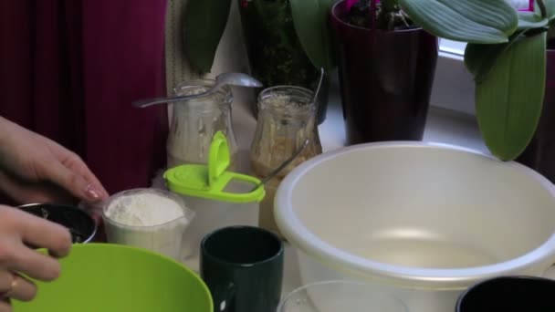 Woman Adds Flour Bowl Sourdough Bread Subsequent Kneading Dough Cooking — Stock Video