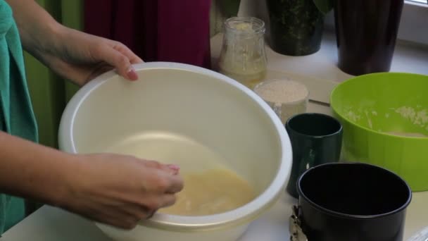 Uma Mulher Mistura Água Uma Bacia Com Pão Massa Para — Vídeo de Stock