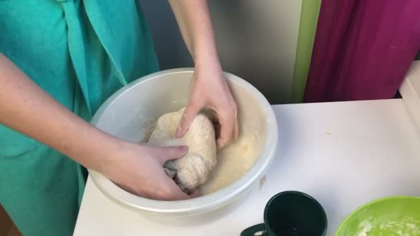 Woman Kneads Dough Her Hands Cooking Bread Home Slow Motion — Stock Video