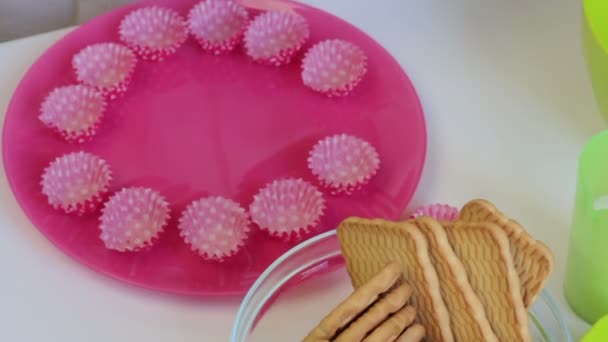 Woman Puts Plate Paper Molds Which Put Homemade Candy — Stock Video