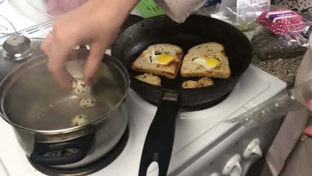 在烹饪的女人 他把鹌鹑蛋放在沸水里 附近的平底锅里 鹌鹑蛋是用烤面包炒的 — 图库视频影像