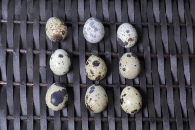 Bıldırcın yumurtası bir hasır asma yüzeyinde yalan. Karanlık bir arka plan üzerinde.