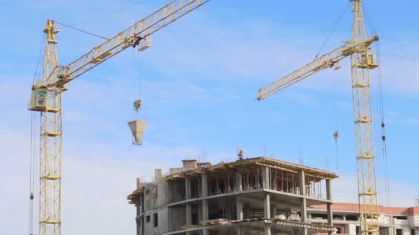 Work Tower Crane Construction Site Crane Moves Concrete Bin Top — Stock Video