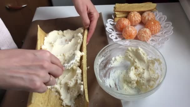 Cooking Biscuit Roll Stuffed Ricotta Mandarin Woman Spreads Ricotta Stuffing — Stock Video