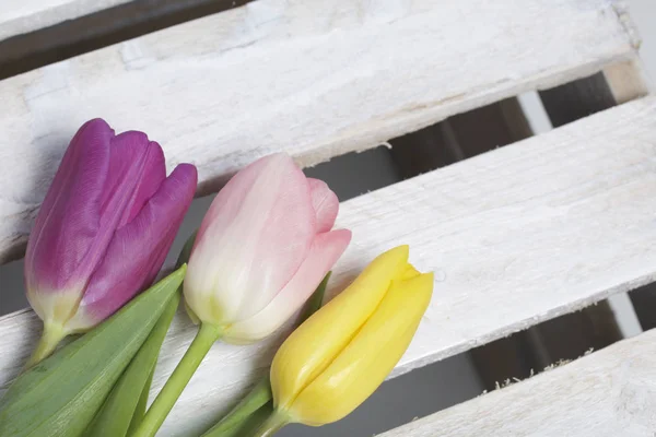 Fiori primaverili. Un bouquet di tulipani di diversi colori sullo sfondo di tavole di legno . — Foto Stock