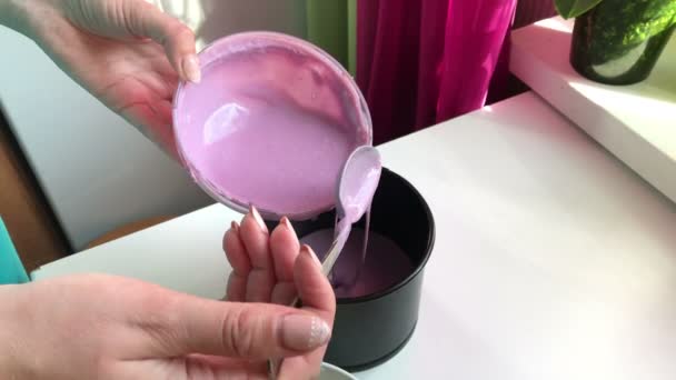 Woman Pours Gelatin Dessert Mold Next Table Curd Gelatin Mass — Stock Video