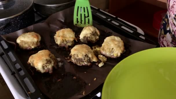 Woman Puts Finished Dish Plate Minced Meat Steaks Potatoes Eggs — Stock Video