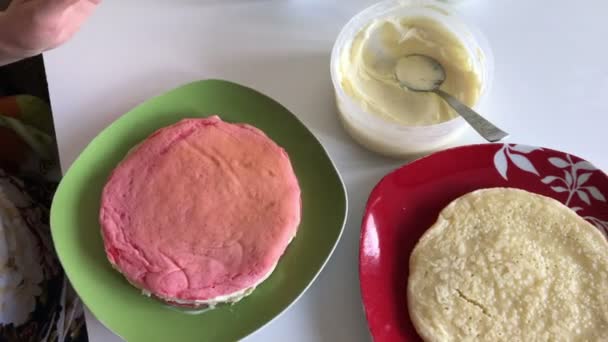 Gotowanie Ciasto Kremem Mascarpone Kobieta Smaruje Ciasta Mascarpone Mleka Skondensowanego — Wideo stockowe