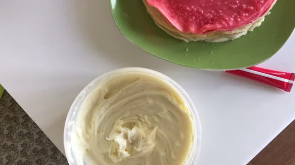 Cocinar Pastel Con Crema Mascarpone Una Mujer Prepara Una Impregnación — Vídeos de Stock