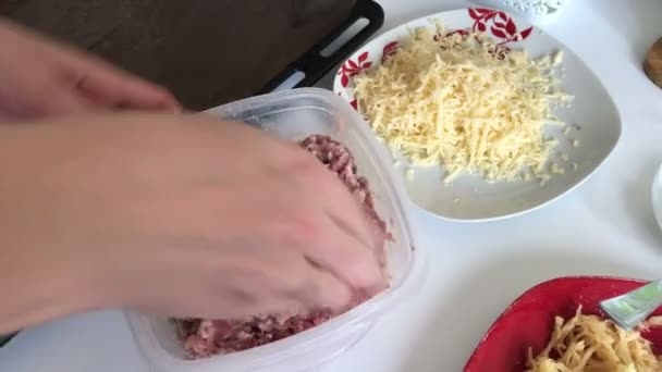 女性は 詰め物をミックスします ジャガイモ 卵とチーズとミンチ肉のステーキ 調理の手順や食材 — ストック動画