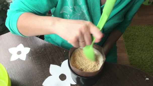 Vrouw Wordt Biscuit Toegevoegd Aan Taart Schimmel Zeehonden Laag Met — Stockvideo