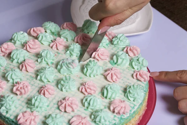 Una mujer está cortando un pastel. Pastel de gofres hecho de pasteles empapados en crema. Decorado con flores de crema . — Foto de Stock