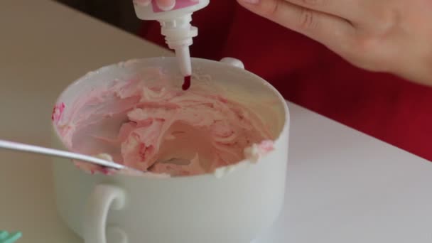 Woman Adds Drop Food Coloring Tube Cream Cheese Coloring Cream — Stock Video