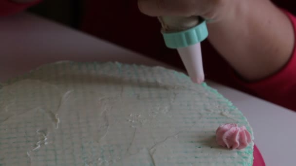 Женщина Украшает Вафельный Торт Делает Цветы Сливок Помощью Кондитерской Сумки — стоковое видео