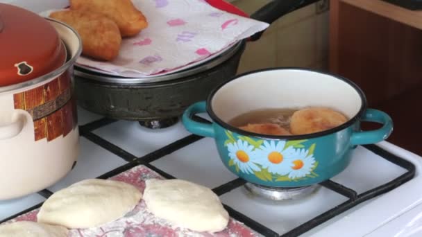 Woman Fries Pasties Sunflower Oil Nearby Cooked Pasties Preparations — Stock Video