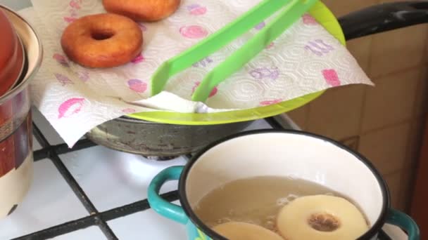 Woman Cooking American Donuts Bake Them Sunflower Oil Nearby Cooked — Stock Video