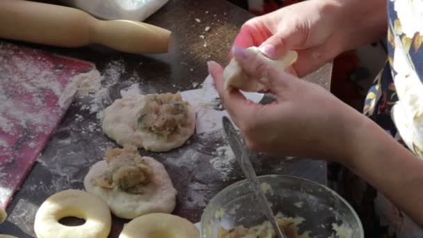 Vrouw Wraps Gehakt Deeg Koken Pasteien — Stockvideo