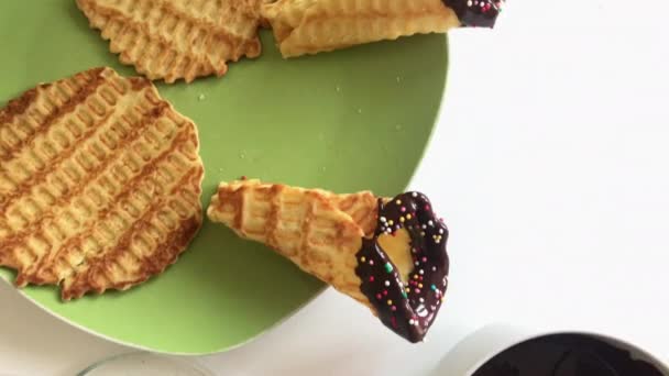Table Lies Waffle Cone Dipped Melted Chocolate Decorated Multi Colored — Stock Video
