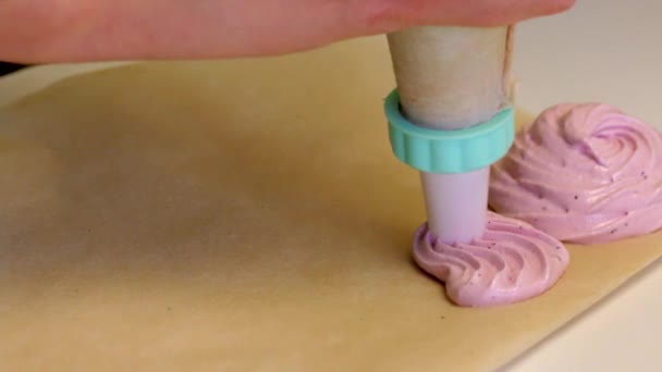 Woman Forms Marshmallow Using Pastry Bag Marshmallow Formed Parchment Paper — Stock Video