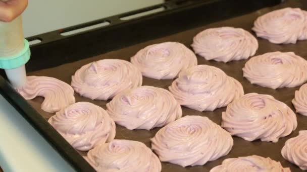 Woman Forms Marshmallow Using Pastry Bag Marshmallow Laid Baking Tray — Stock Video