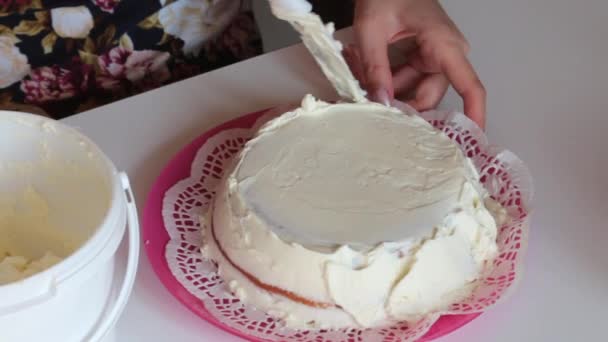 Woman Smears Sponge Cake Cream Apply Layer Cream All Sides — Stock Video