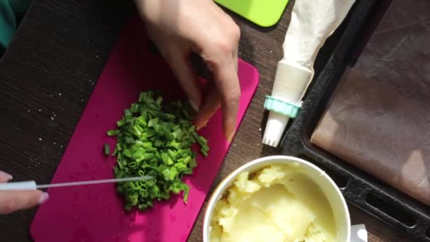女人在切菜板上切洋葱羽毛 旁边的其他食材烹饪晚餐 土豆泥 — 图库视频影像