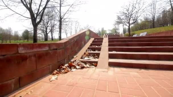 Gyalogösvény Lépcsők Tavaszi Parkban Kirakott Csempe Kamera Alacsonyan Mozog Talajon — Stock videók
