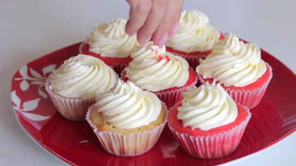 Kvinna Förbereder Muffins Röd Sammet Sprinkle Kräm Med Smulor Färdiga — Stockvideo