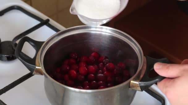 一个男人在平底锅里把量杯中的糖加到冷冻的蔓越莓里 为棉花糖准备土豆泥 — 图库视频影像