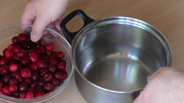 Ein Mann Gießt Gefrorene Preiselbeeren Eine Pfanne Daraus Kartoffelpüree Herzustellen — Stockvideo