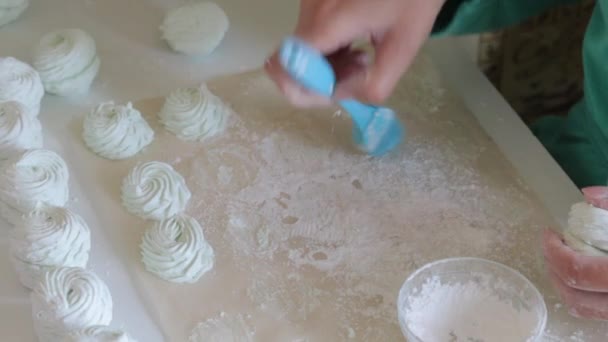 Papel Comida Marshmallow Polvilhado Com Açúcar Seca Uma Mulher Abraça — Vídeo de Stock