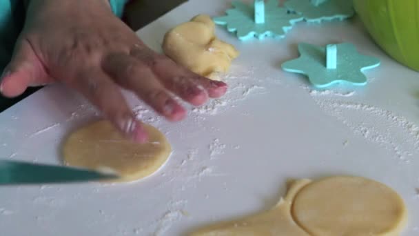 여성이 핀으로 마시멜로 샌드위치를 만들기 반죽을 굴려갑니다 근처에는 반죽에 장식을 — 비디오