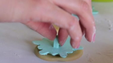 Pulu olan bir kadın, yuvarlanmış hamurun yuvarlak boşluklarına süs uygular. Marshmallowlu sandviç yapmak için